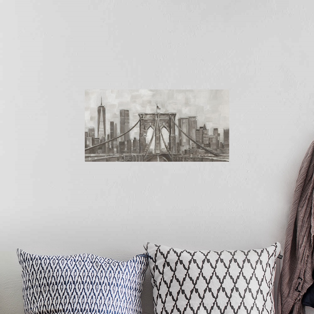A bohemian room featuring Panoramic view of New York City painted in gray tones.