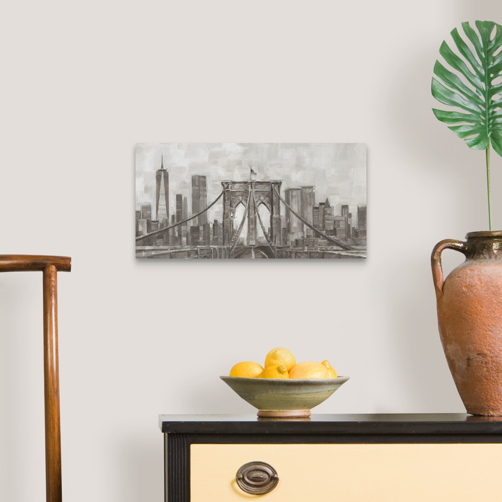 A traditional room featuring Panoramic view of New York City painted in gray tones.