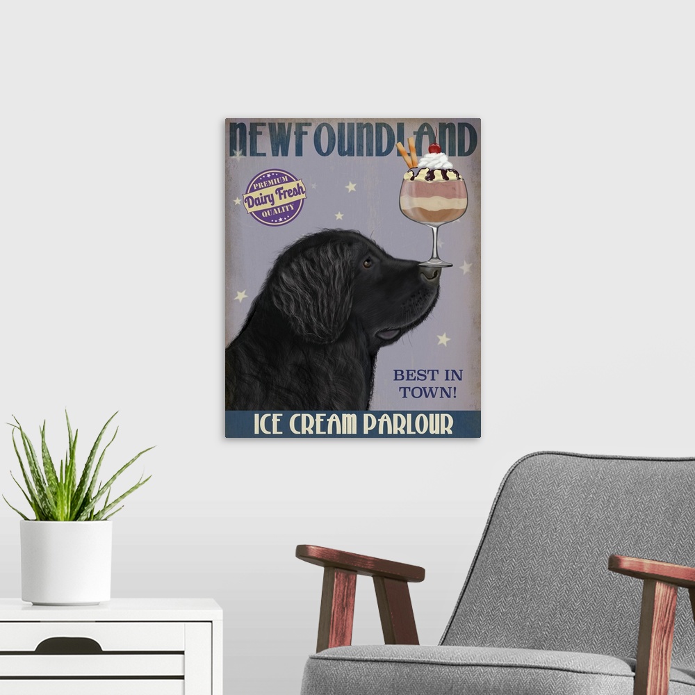 A modern room featuring Decorative artwork of a Newfoundland balancing an ice cream sundae on its nose in an advertisemen...