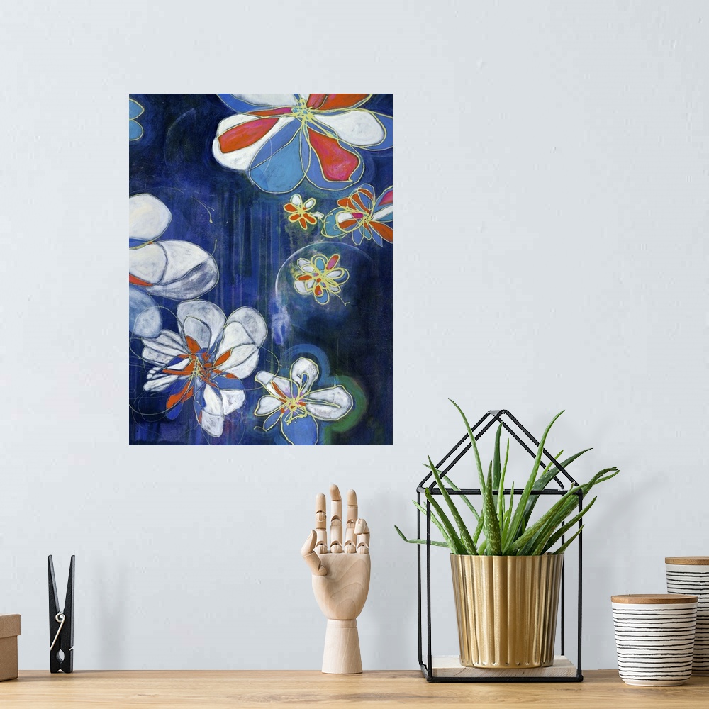 A bohemian room featuring Contemporary abstract painting of organic shapes in various muted colors against a deep blue back...
