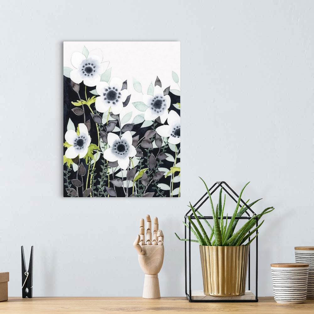 A bohemian room featuring Watercolor painting of a filed of blue and green wildflowers.