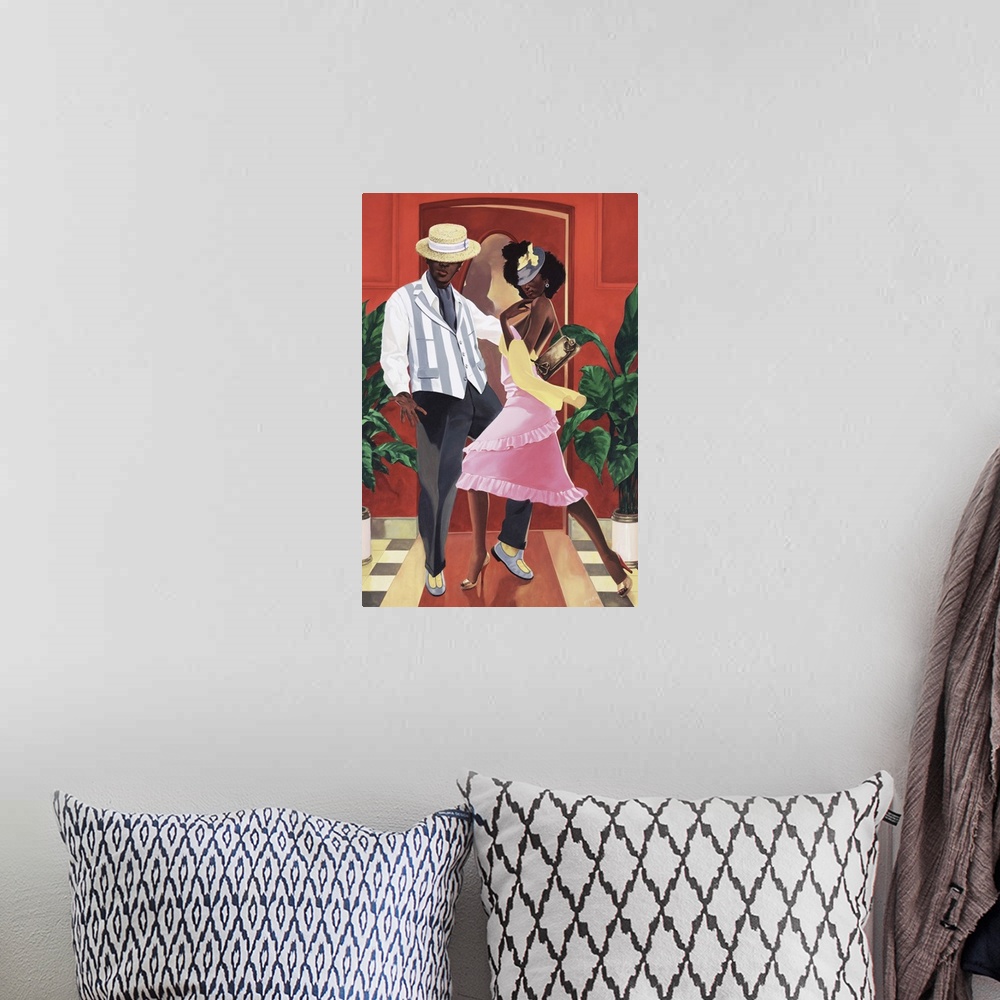 A bohemian room featuring An African American couple in 20's style fashion dancing in an upscale club.