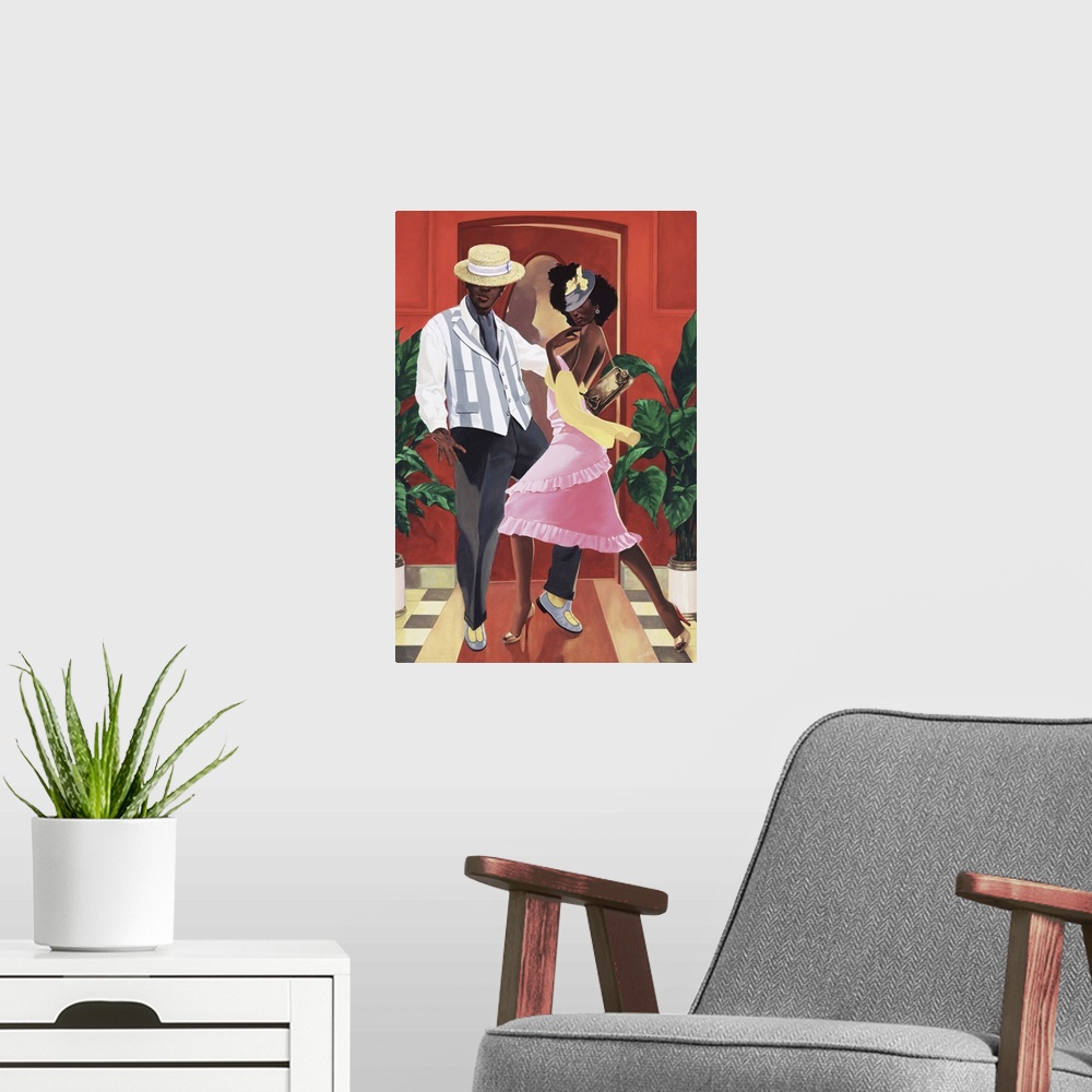 A modern room featuring An African American couple in 20's style fashion dancing in an upscale club.