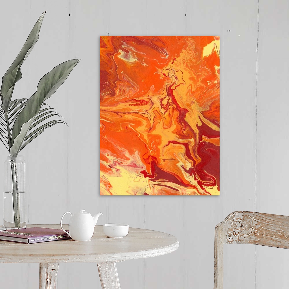 A farmhouse room featuring Abstract artwork of yellow, orange and red shades in a liquid marble effect.