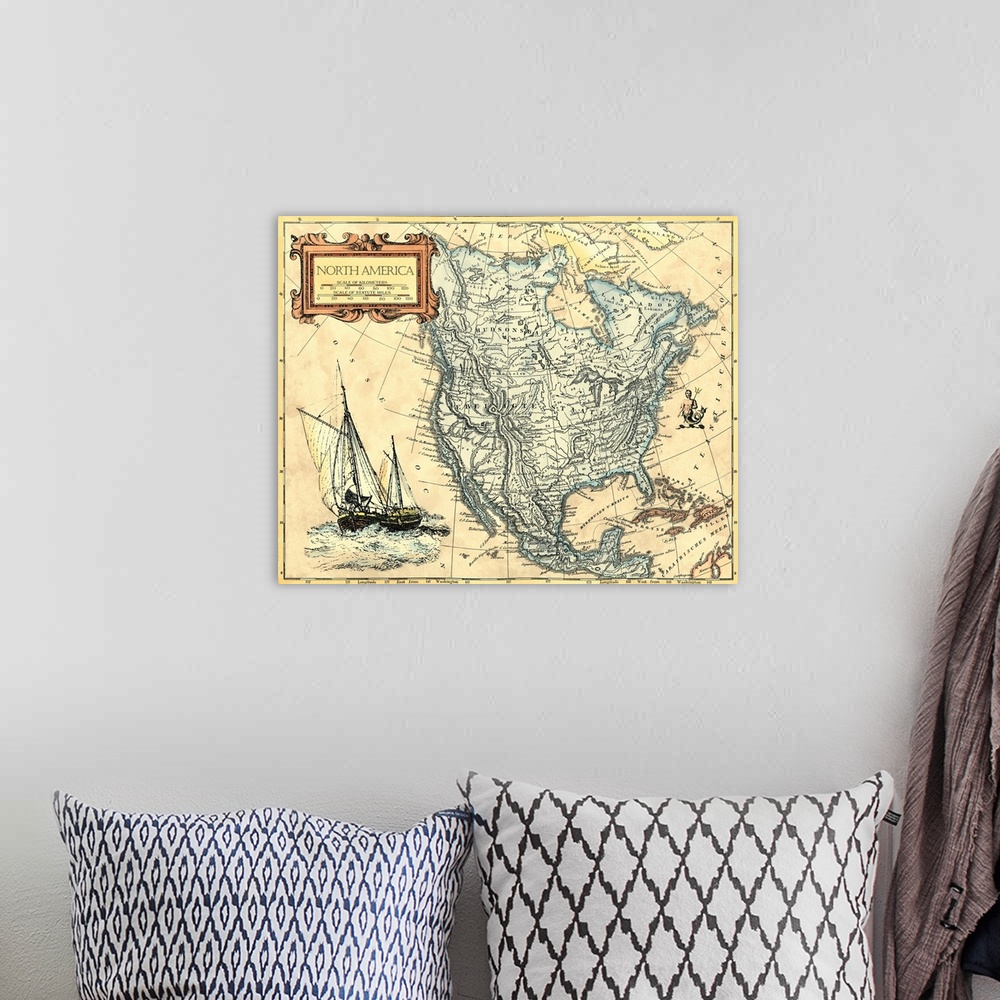 A bohemian room featuring Big landscape artwork of a vintage map of North America with an illustration of a large ship in t...