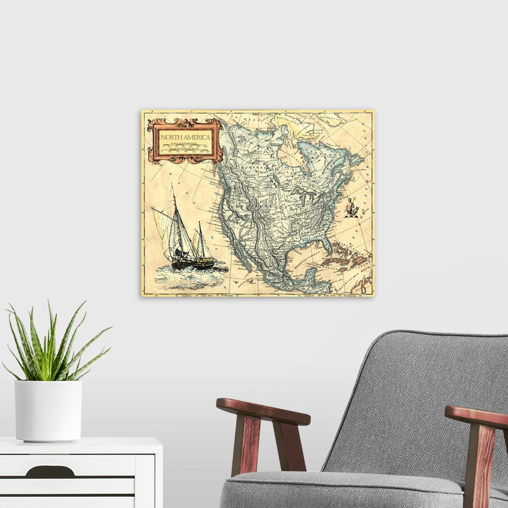 A modern room featuring Big landscape artwork of a vintage map of North America with an illustration of a large ship in t...