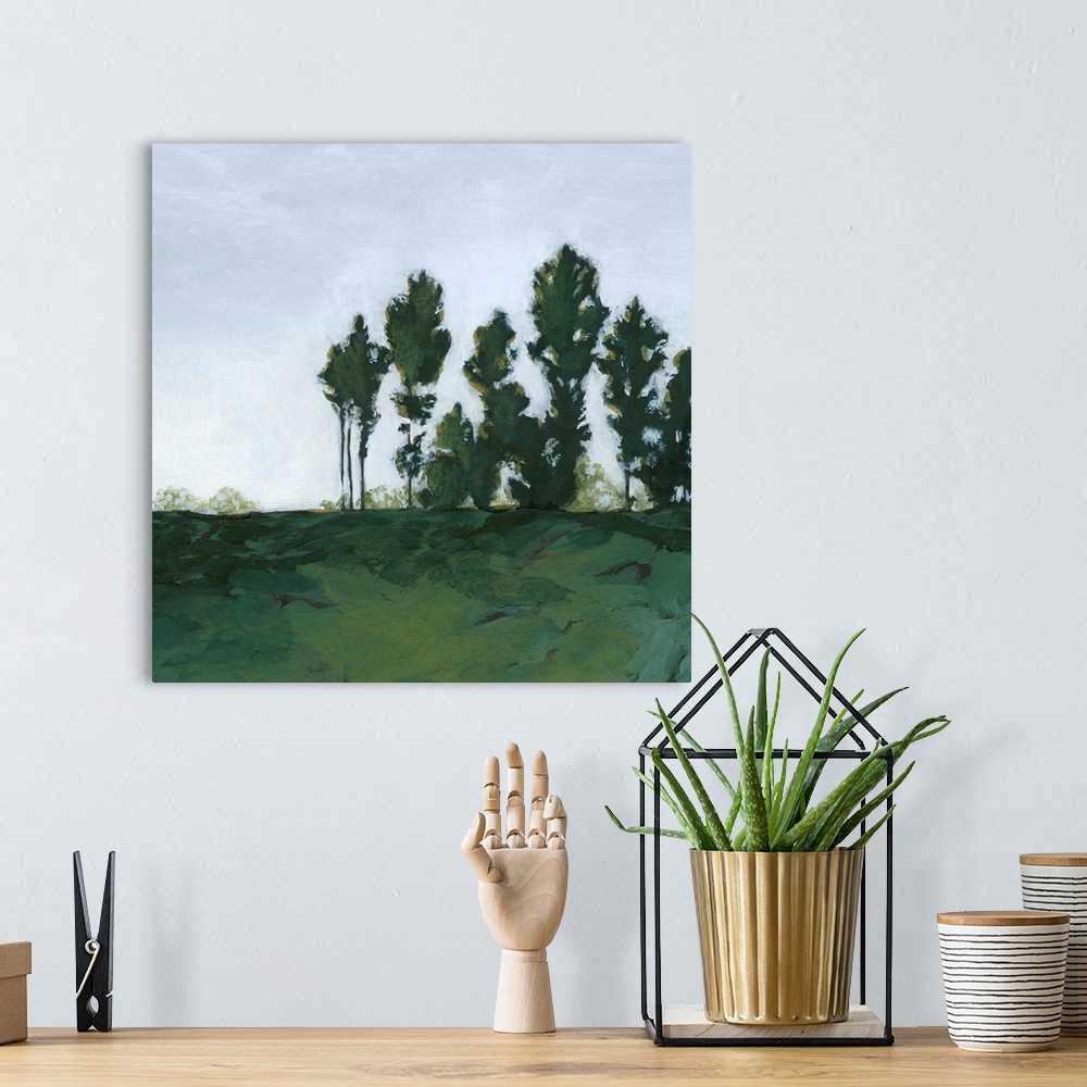 A bohemian room featuring Contemporary painting of a vibrant green landscape.