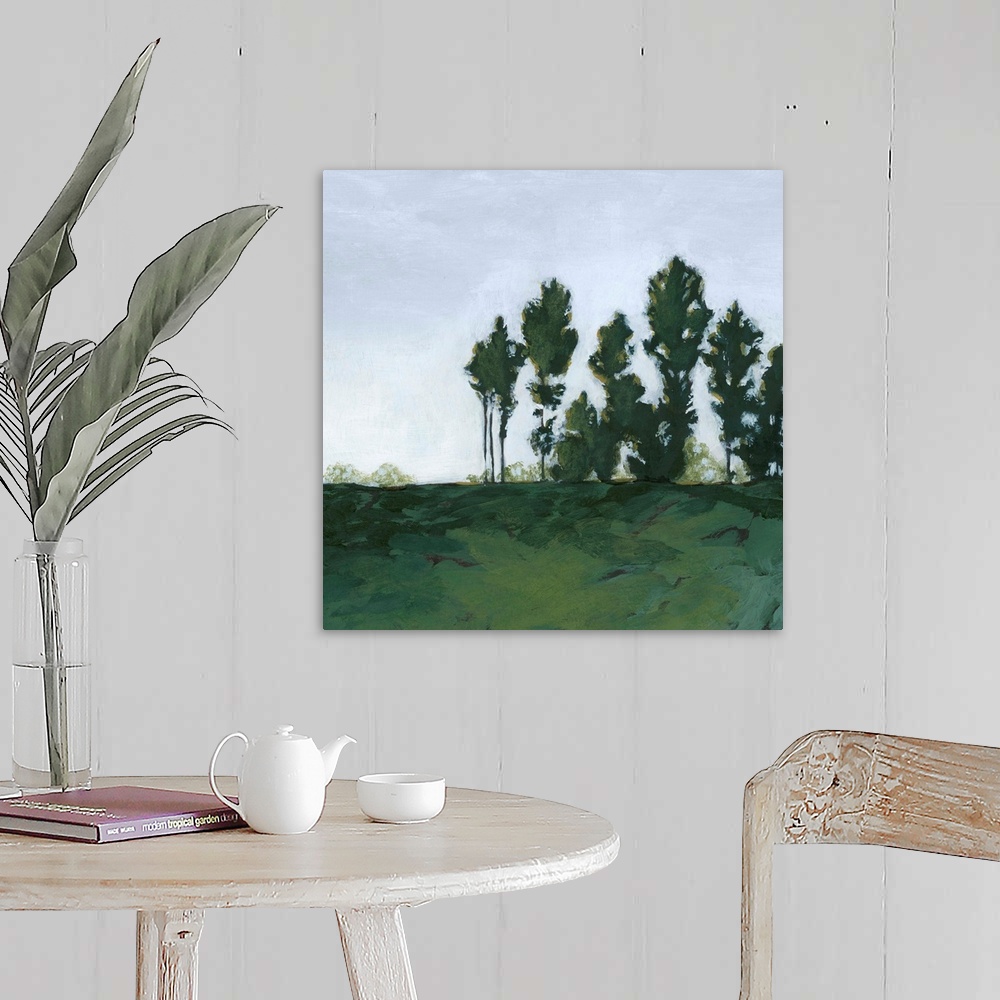 A farmhouse room featuring Contemporary painting of a vibrant green landscape.