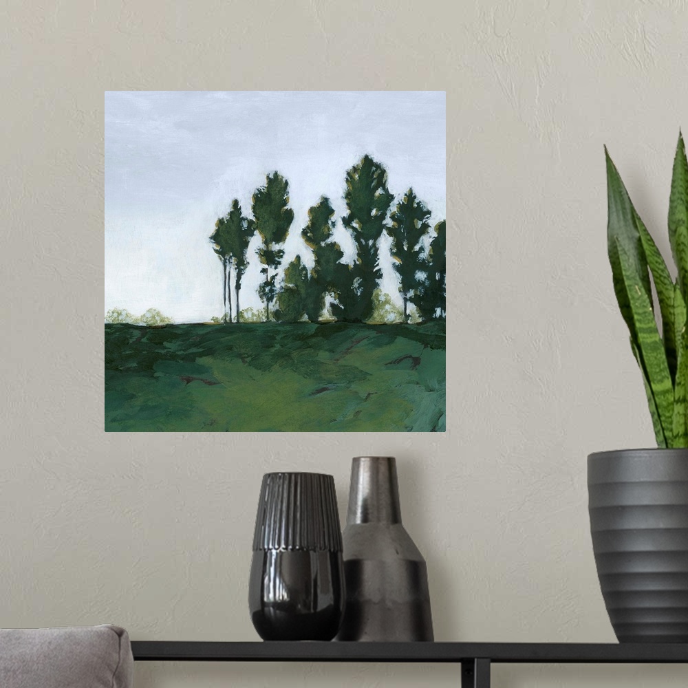 A modern room featuring Contemporary painting of a vibrant green landscape.