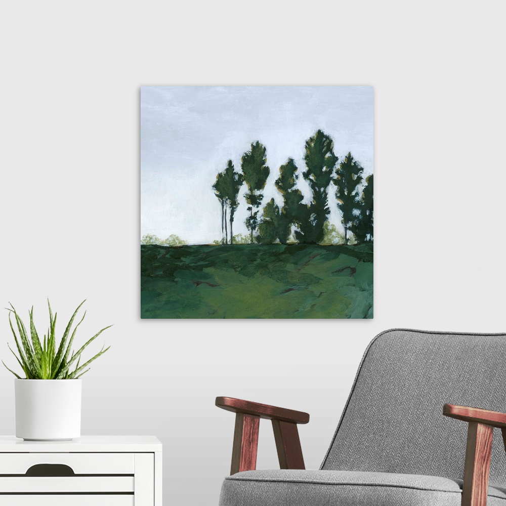 A modern room featuring Contemporary painting of a vibrant green landscape.