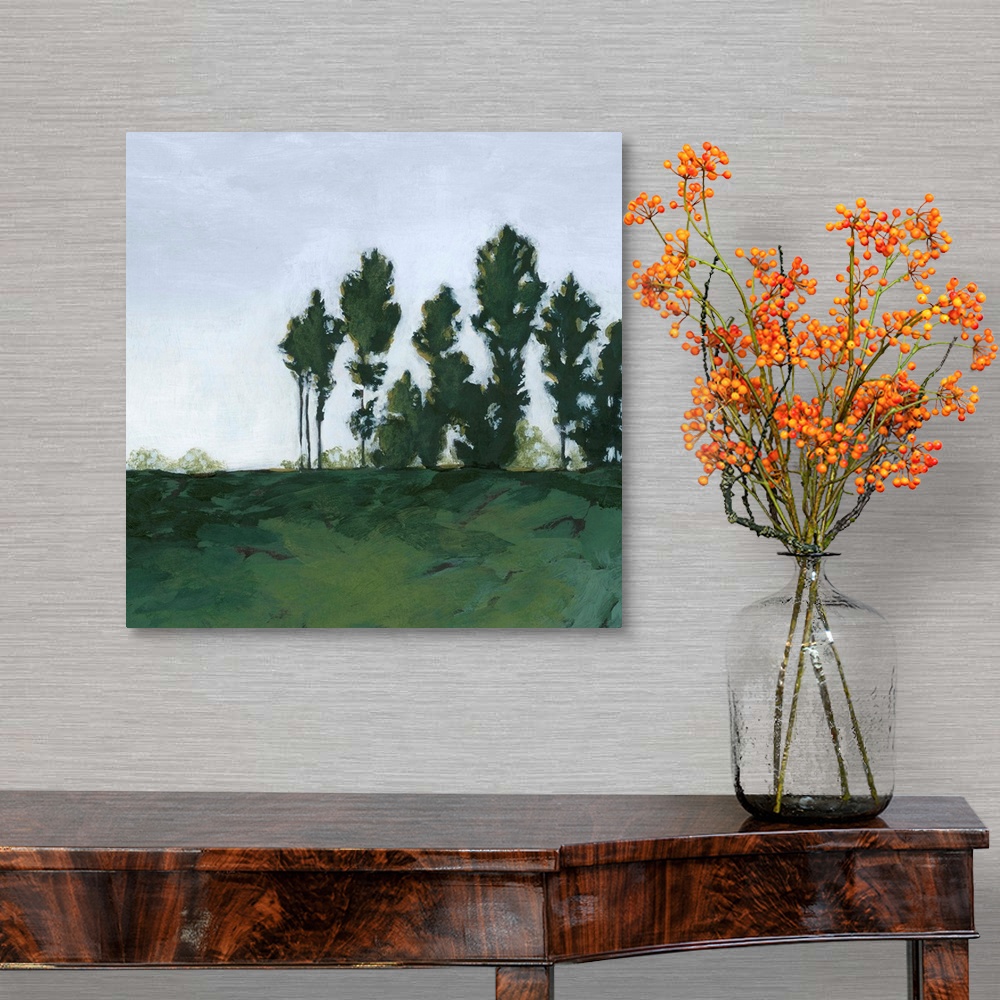 A traditional room featuring Contemporary painting of a vibrant green landscape.