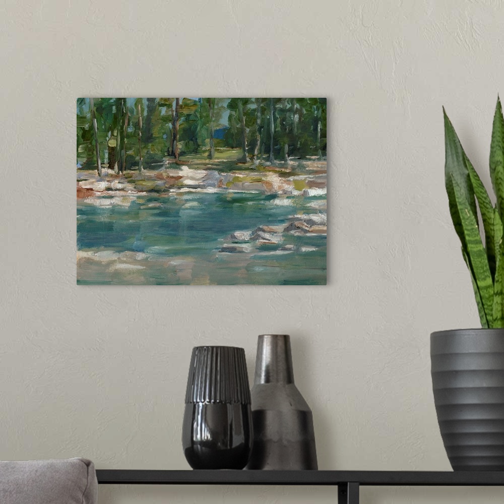 A modern room featuring Contemporary abstract painting of a lake or pond in a clearing in a wooded area.