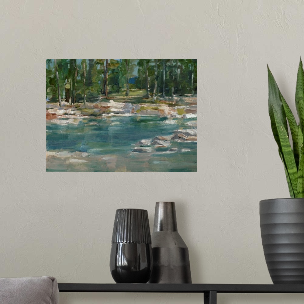 A modern room featuring Contemporary abstract painting of a lake or pond in a clearing in a wooded area.