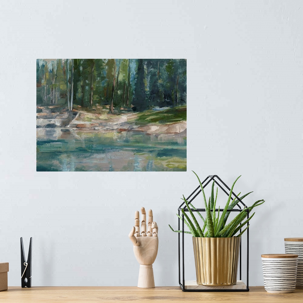 A bohemian room featuring Contemporary abstract painting of a lake or pond in a clearing in a wooded area.