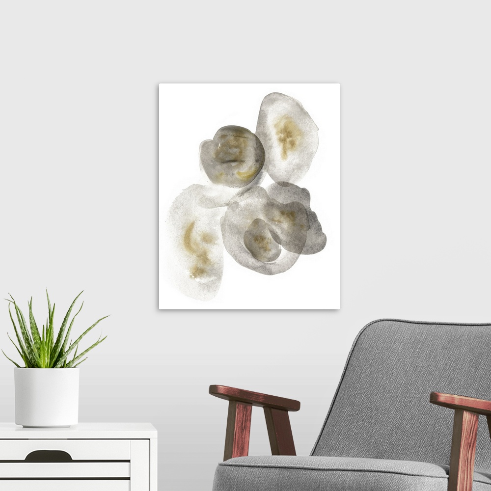 A modern room featuring This abstract artwork features puddles of transparent gray color mottled with brown over a white ...
