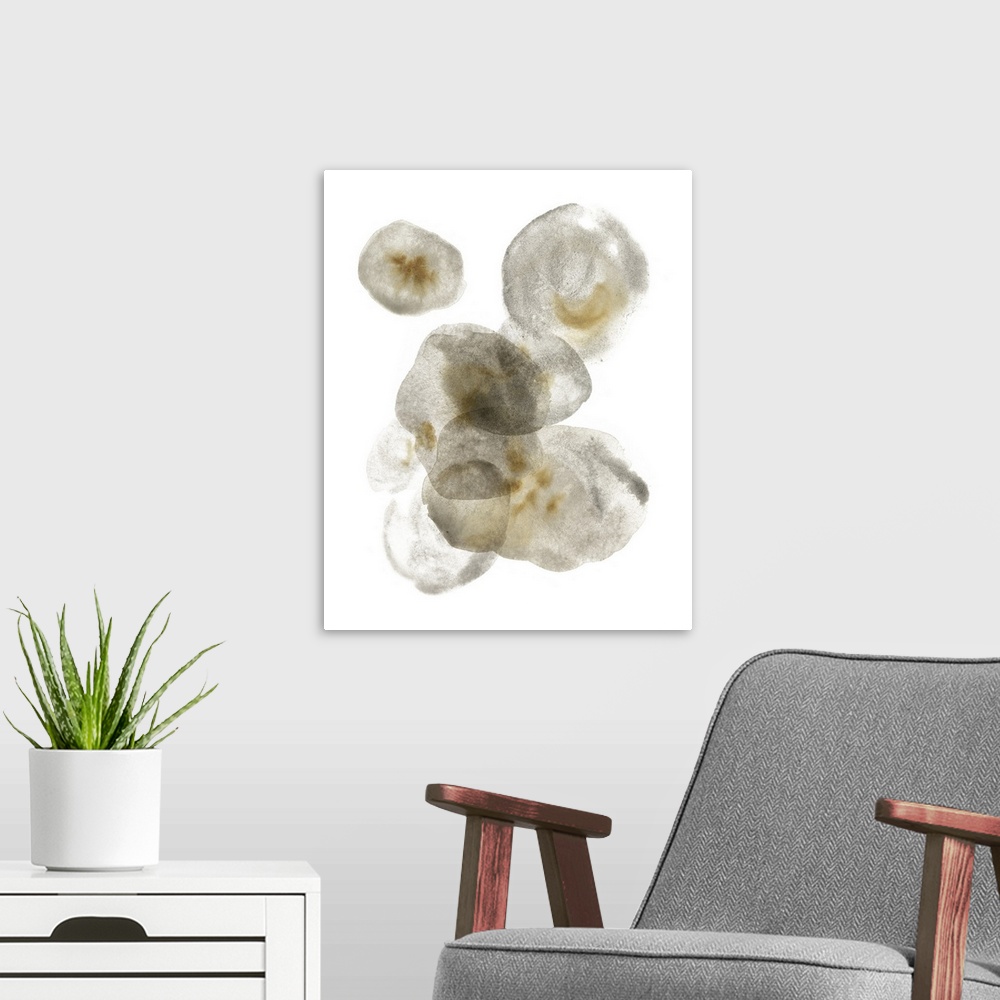 A modern room featuring This abstract artwork features puddles of transparent gray color mottled with brown over a white ...