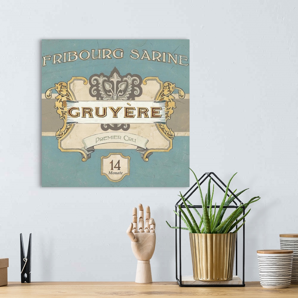 A bohemian room featuring Vintage style label for Gruyere cheese.