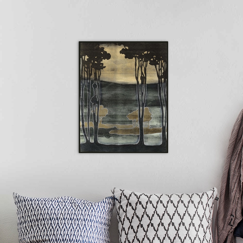A bohemian room featuring Art nouveau stylized artwork of a silhouetted trees against a hazy looking background.