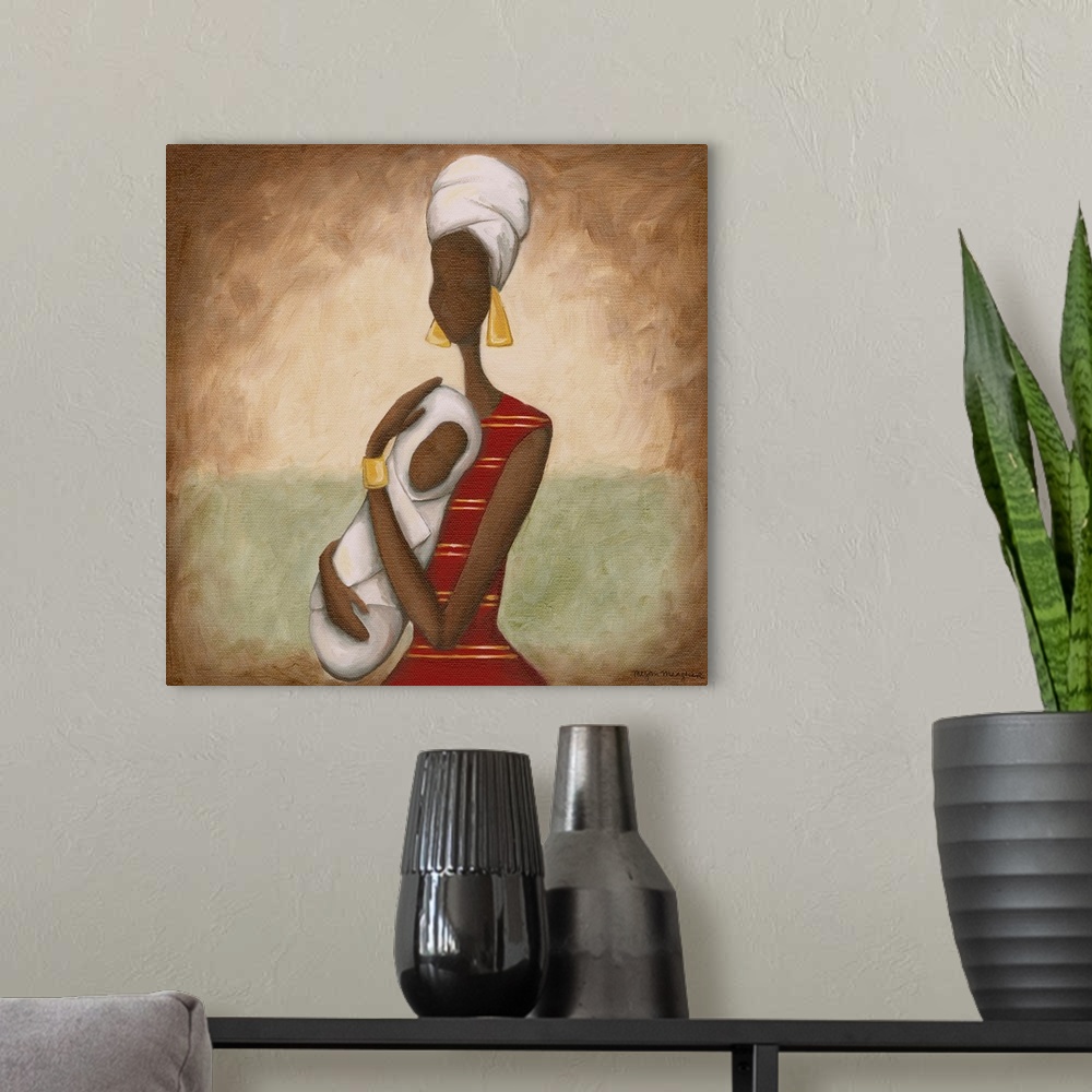 A modern room featuring Painting of an African woman holding a child wrapped in blankets.