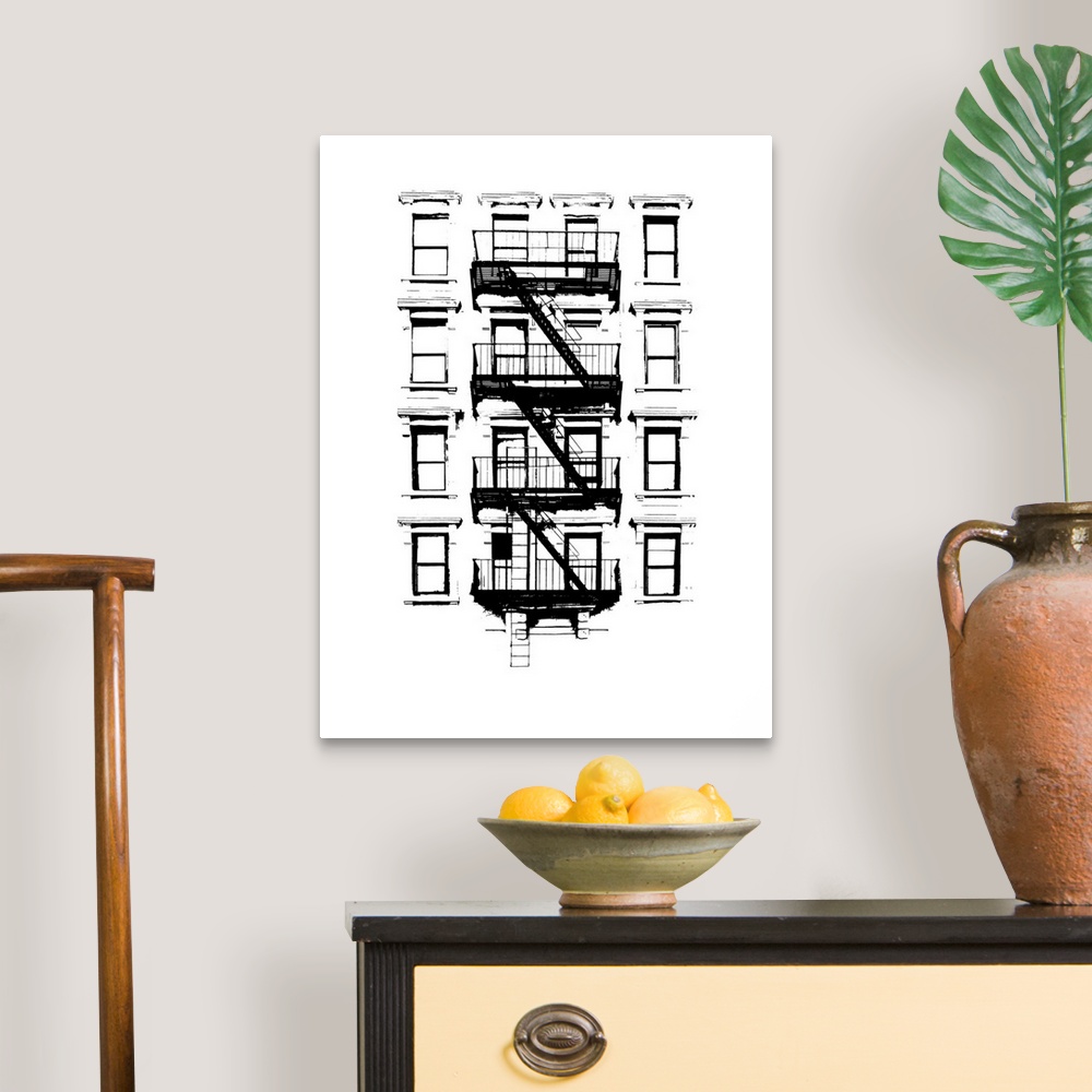 A traditional room featuring Bold lines and geometric shapes reveal the details of everyday buildings in this cityscape.