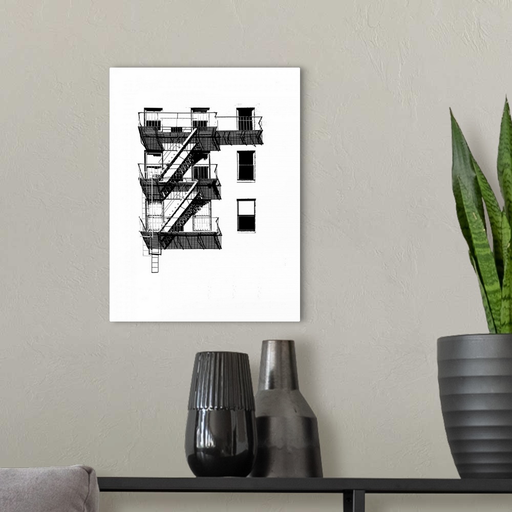 A modern room featuring Bold lines and geometric shapes reveal the details of everyday buildings in this cityscape.
