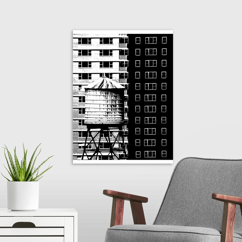 A modern room featuring Bold lines and geometric shapes reveal the details of everyday buildings in this cityscape.