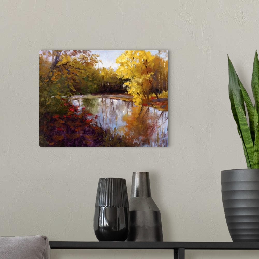 A modern room featuring Contemporary painting of a river through a fall forest landscape.
