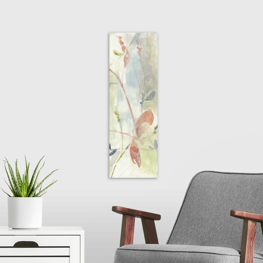 A modern room featuring Contemporary abstract landscape in pastel hues.