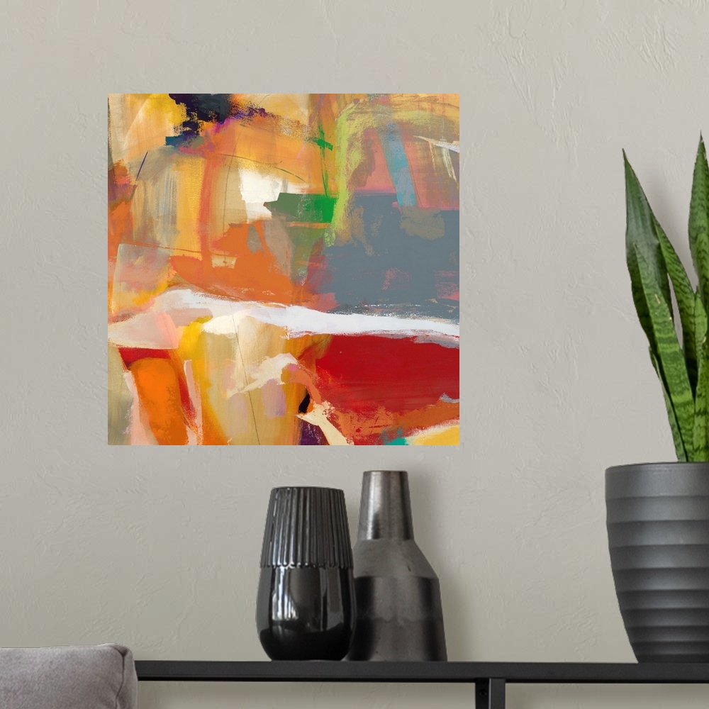 A modern room featuring Abstract painting using warm tones.