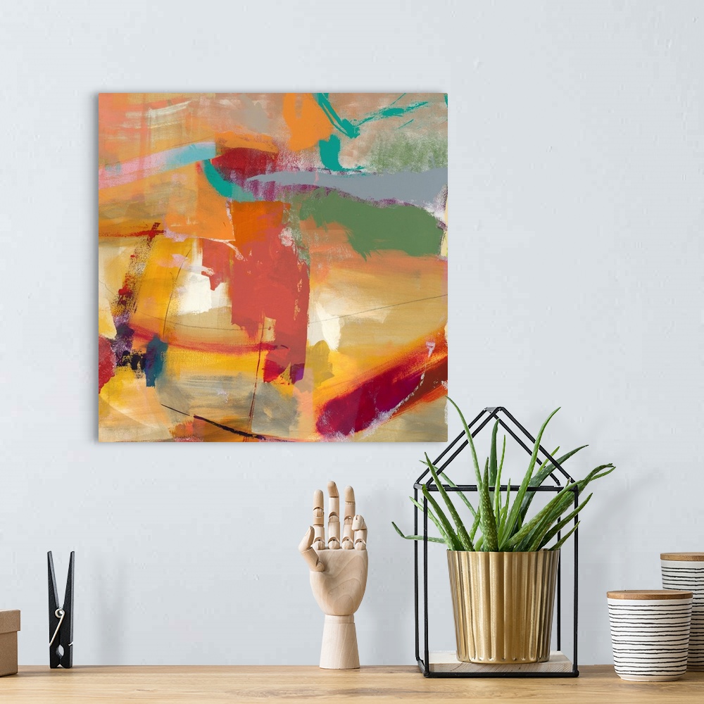 A bohemian room featuring Abstract painting using warm tones.