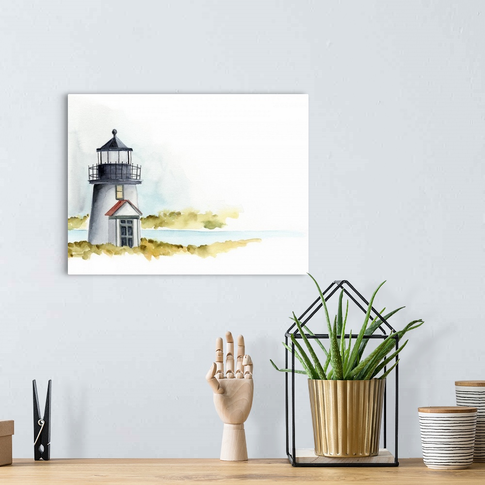 A bohemian room featuring Landscape painting of a small lighthouse along a coast which fades into white, done in watercolor.