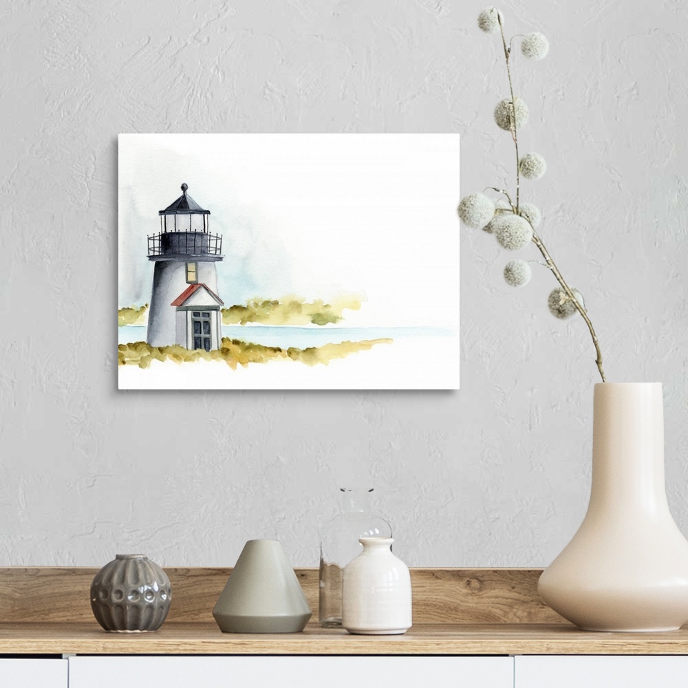 A farmhouse room featuring Landscape painting of a small lighthouse along a coast which fades into white, done in watercolor.