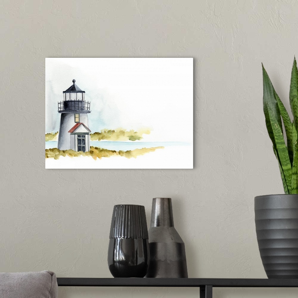 A modern room featuring Landscape painting of a small lighthouse along a coast which fades into white, done in watercolor.