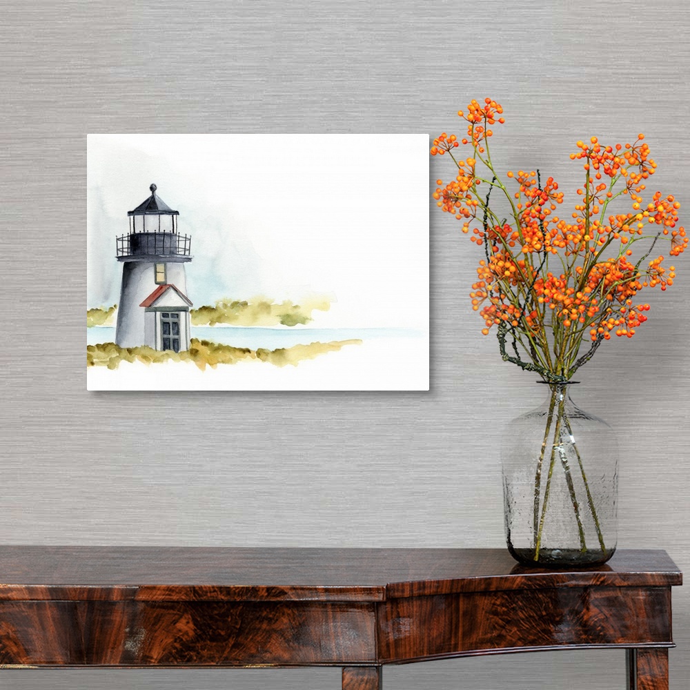 A traditional room featuring Landscape painting of a small lighthouse along a coast which fades into white, done in watercolor.