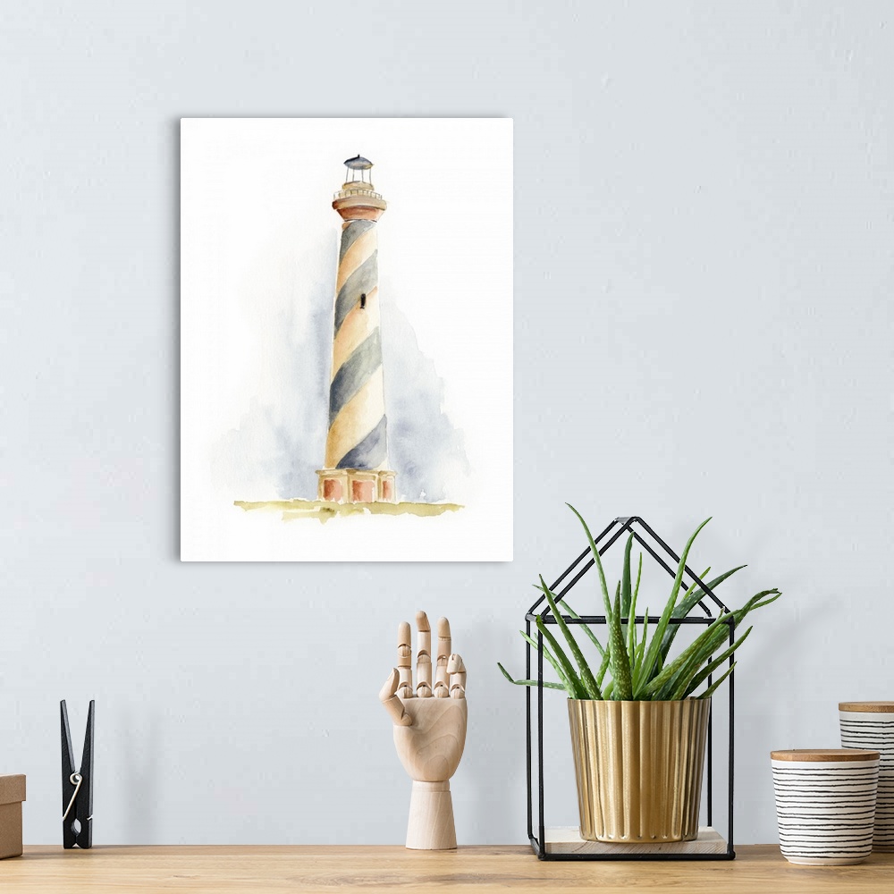 A bohemian room featuring Watercolor painting of a lighthouse with spiral stripes on a white background.