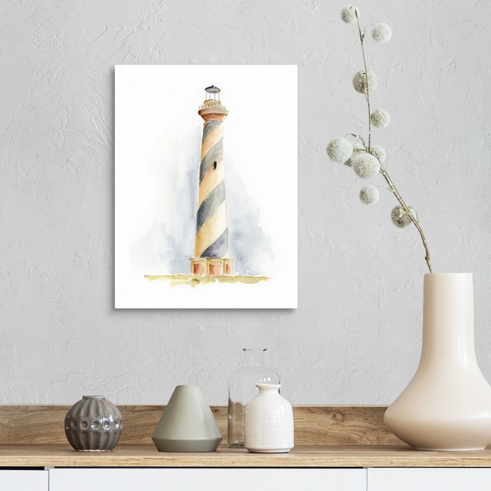 A farmhouse room featuring Watercolor painting of a lighthouse with spiral stripes on a white background.