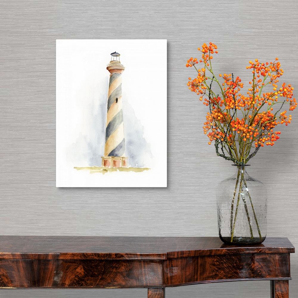 A traditional room featuring Watercolor painting of a lighthouse with spiral stripes on a white background.