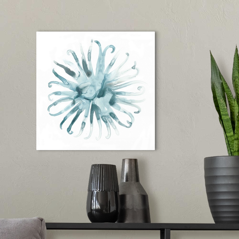 A modern room featuring Decorative watercolor painting of sea urchin in shades of blue on a white backdrop.