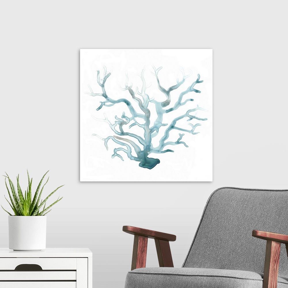 A modern room featuring Decorative watercolor painting of ocean coral in shades of blue on a white backdrop.