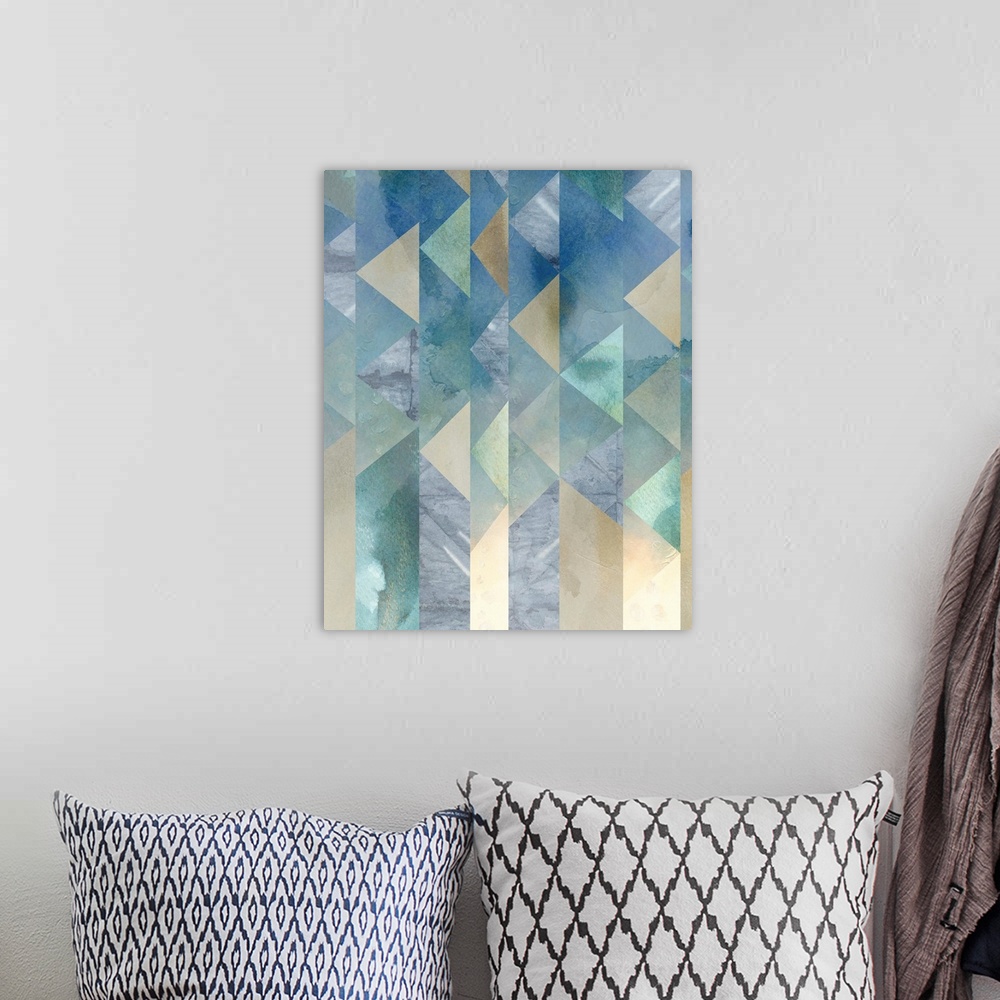 A bohemian room featuring Contemporary abstract art of angular geometric shapes in pale colors and metallic colors cascadin...