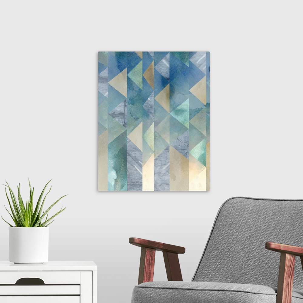 A modern room featuring Contemporary abstract art of angular geometric shapes in pale colors and metallic colors cascadin...