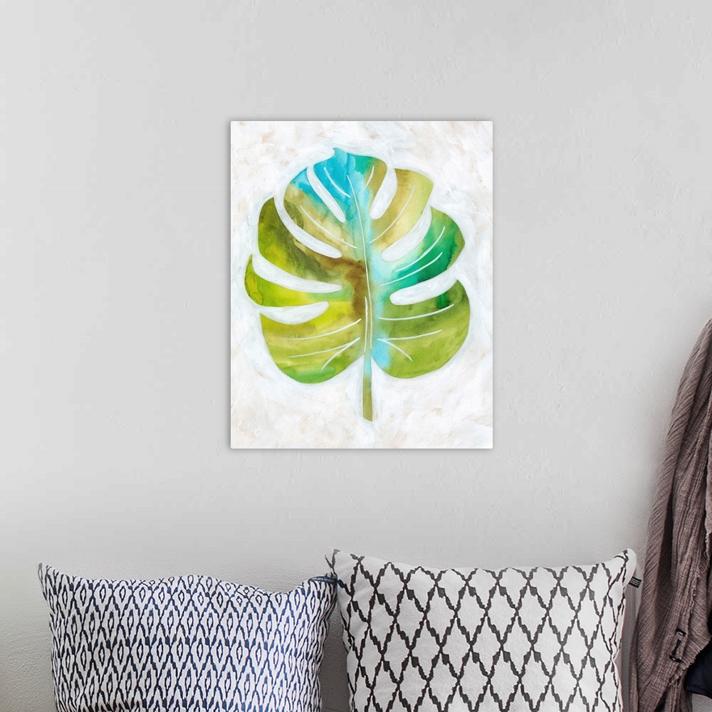 A bohemian room featuring Contemporary painting of a tropical palm frond against a neutral distressed background.
