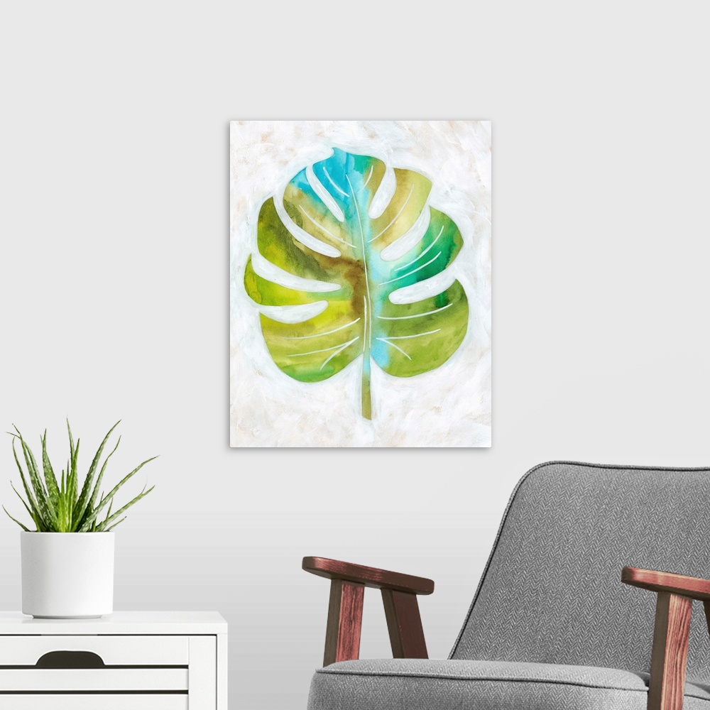 A modern room featuring Contemporary painting of a tropical palm frond against a neutral distressed background.