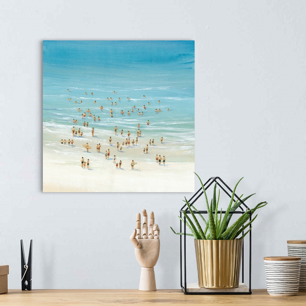 A bohemian room featuring Painting of an aerial view of several beachgoers playing in the ocean.