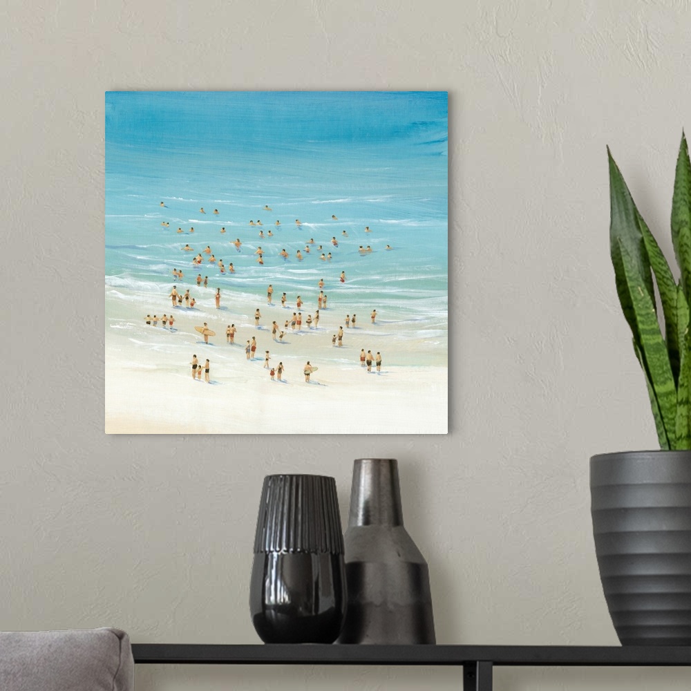 A modern room featuring Painting of an aerial view of several beachgoers playing in the ocean.