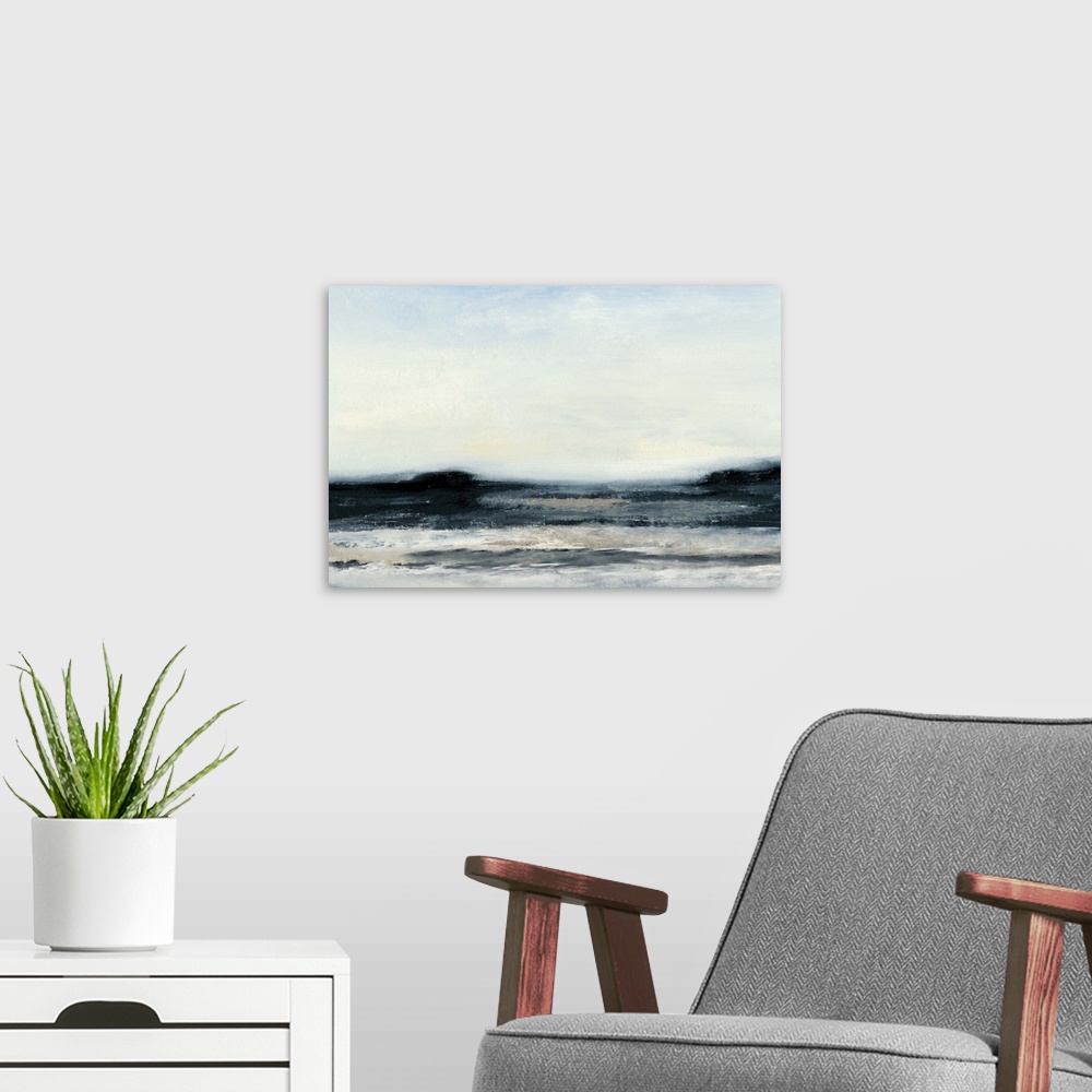 A modern room featuring Abstract seascape painting with dark water under a pale sky.
