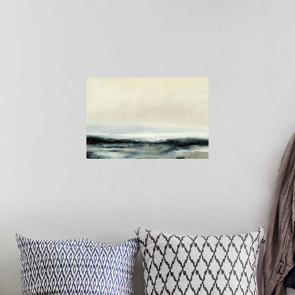 A bohemian room featuring Contemporary oceanscape painting of dark seawater under a pale sky.