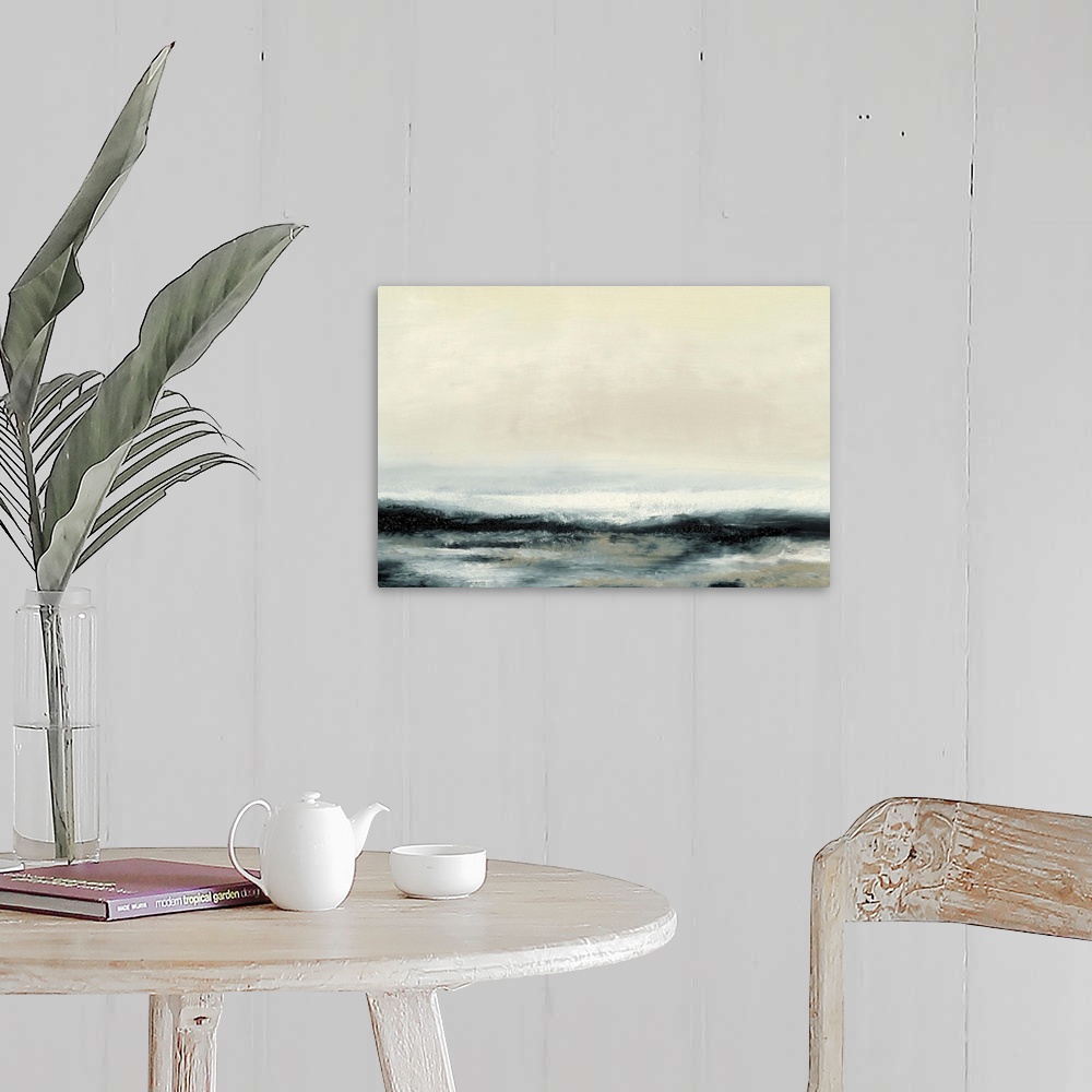 A farmhouse room featuring Contemporary oceanscape painting of dark seawater under a pale sky.