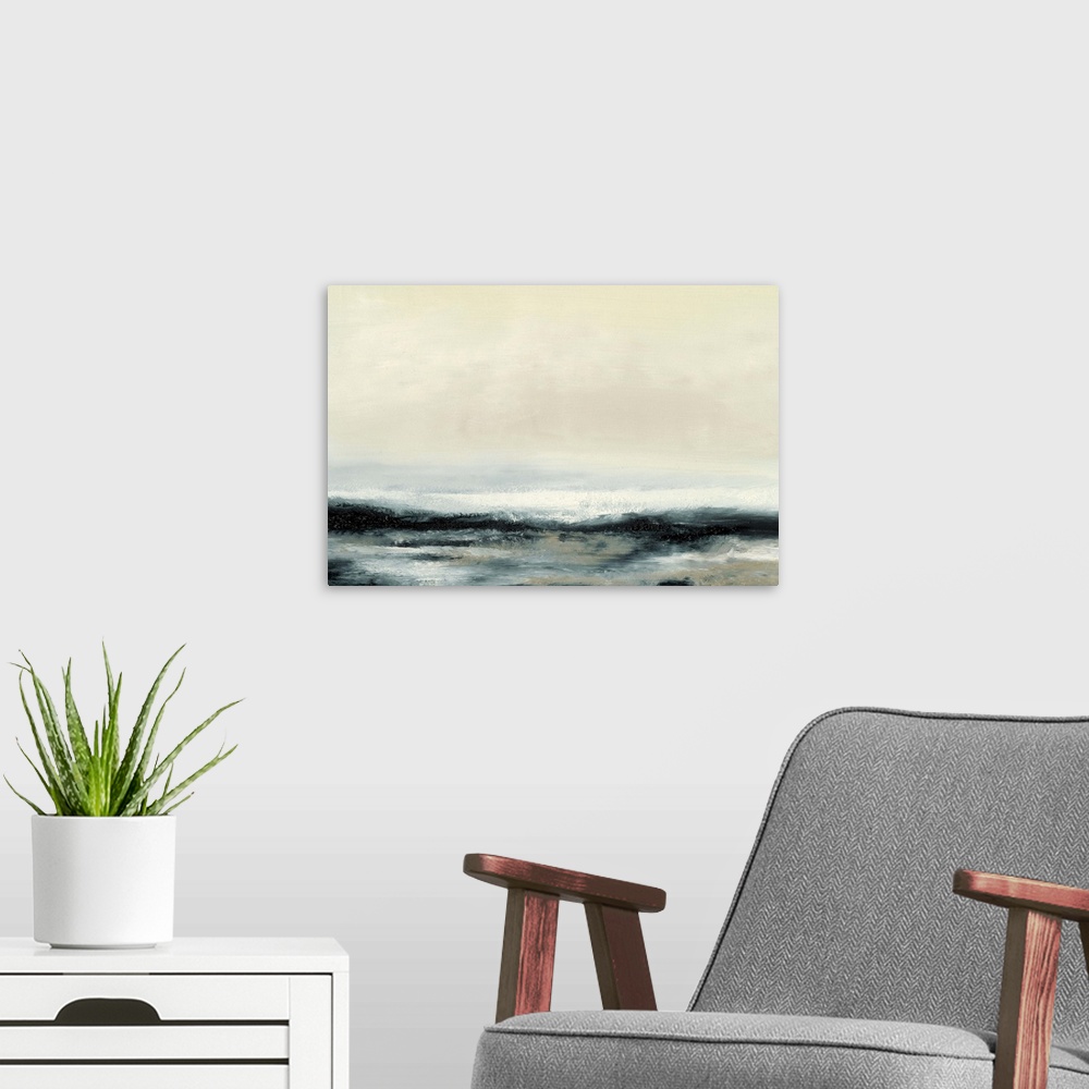 A modern room featuring Contemporary oceanscape painting of dark seawater under a pale sky.