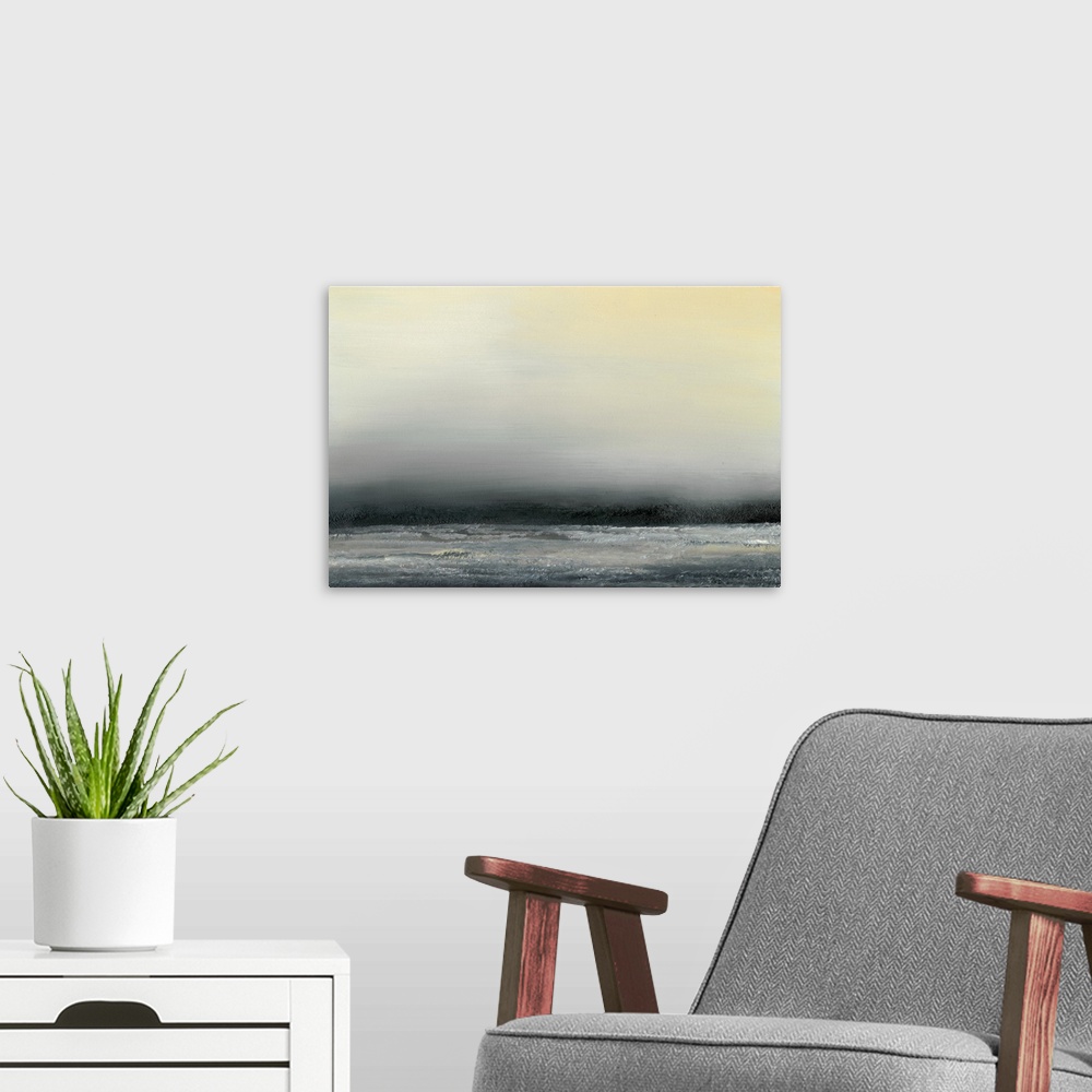 A modern room featuring Contemporary oceanscape painting of dark seawater under a pale sky.